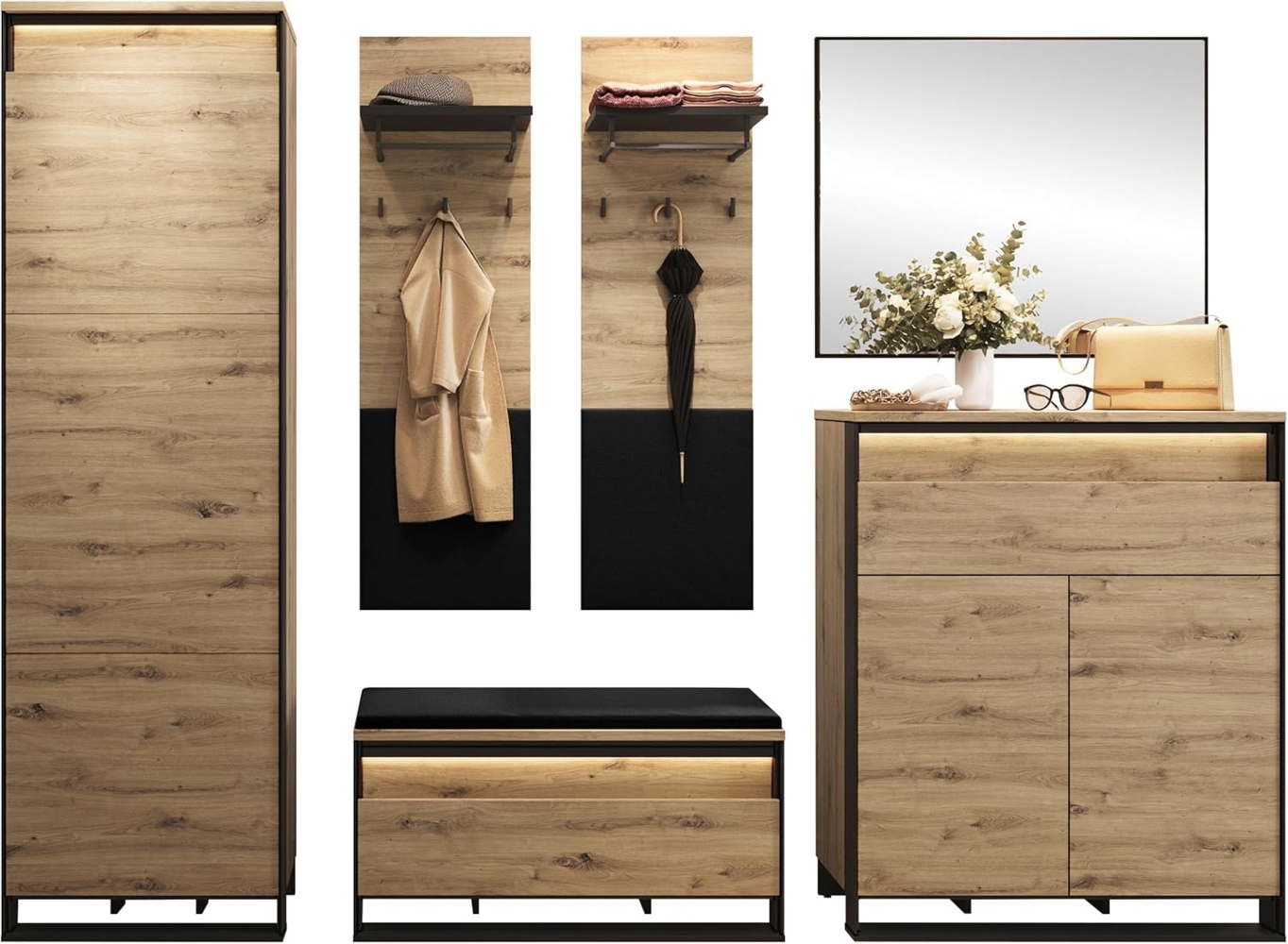 Garderoben-Set Quant VII Kleiderschrank, Kommode, Schrank, Spiegel, 2x Kleiderhaken (Farbe: Artisan Eiche / Schwarz + Velo 637) Bild 1