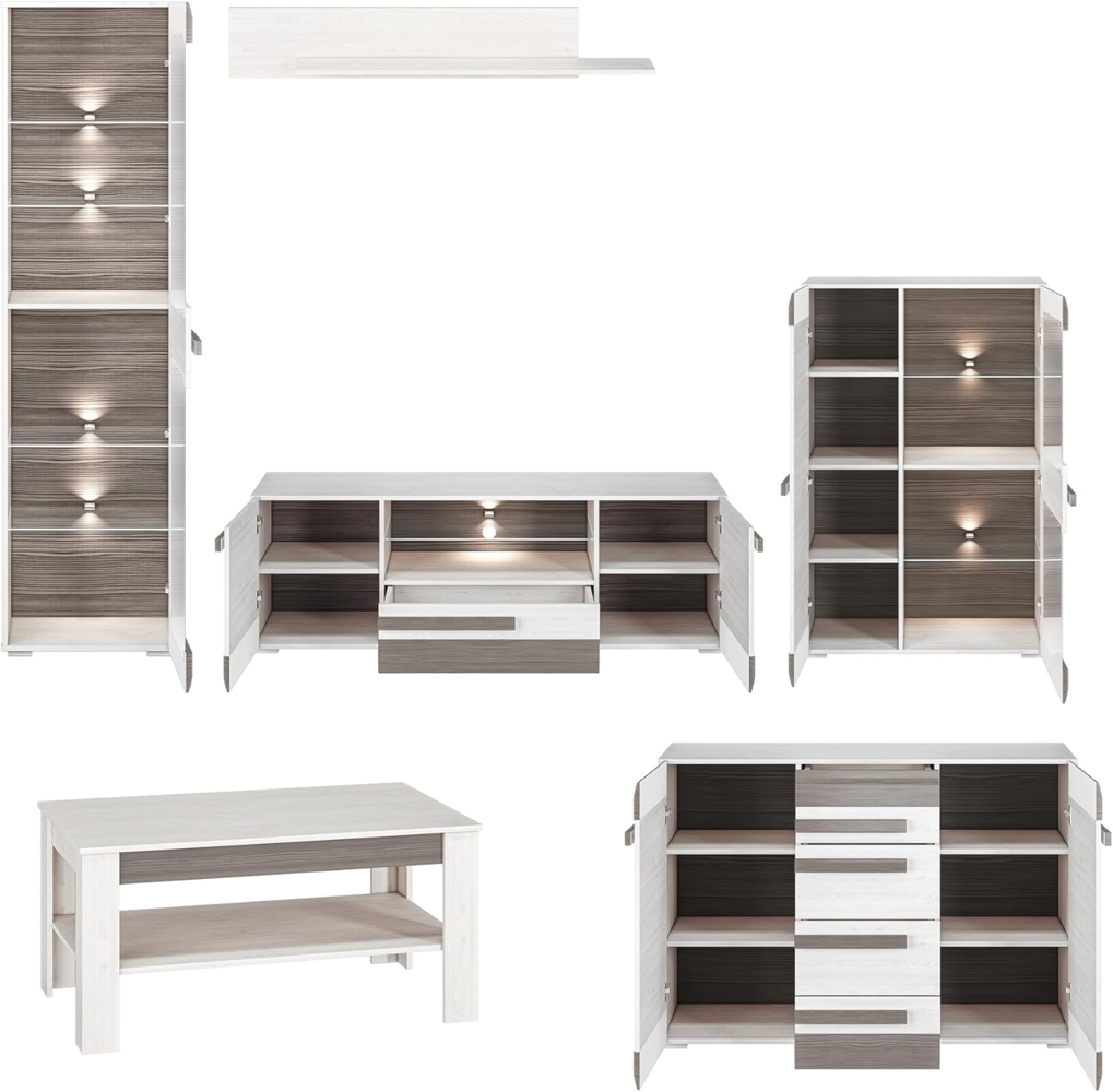 Wohnzimmer-Set "Blanco" Wohnwand 6-teilig Pinie weiß grau MDF Bild 1