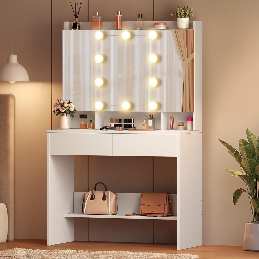 YITAHOME Schminktisch mit Spiegel und 10 LED-Beleuchtung, 3 Farben mit Einstellbarer Helligkeit Frisiertisch Kosmetiktisch mit verstellbaren Ablagen für Make-up, 2 Schubladen, modern (Weiß) Bild 1