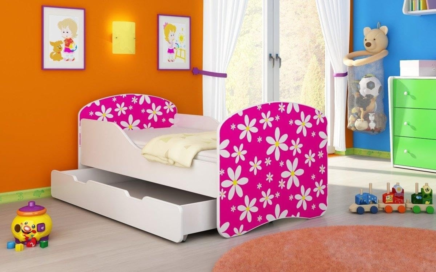 Kinderbett Luna mit Stauraum und verschiedenen Motiven 140x70 Flowers Bild 1