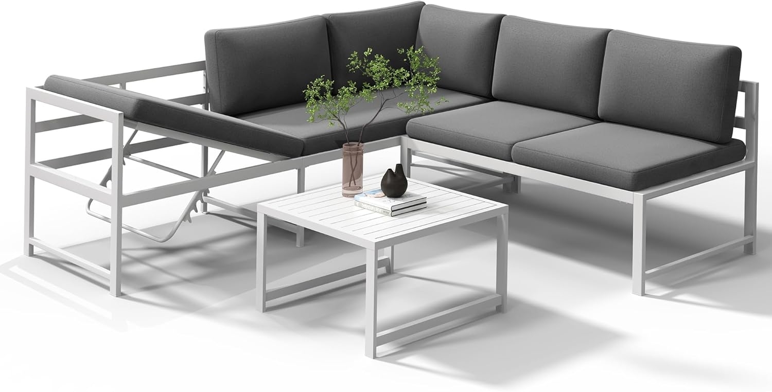 Sitzgruppe Weiß Aluminium Lounge Ecksofa mit Liegefunktion wetterfest Garten Tisch Outdoor-Möbel Bild 1