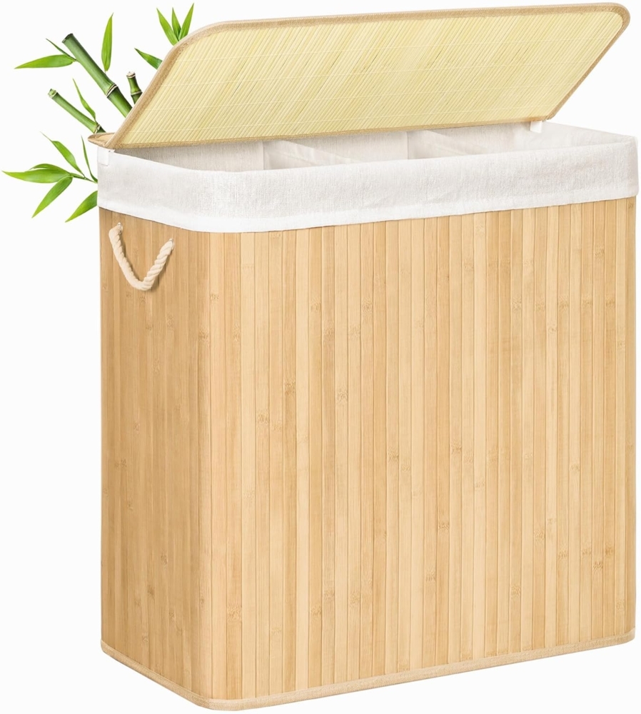 Songmics Wäschekorb mit 3 Fächern, Bambus natur, 60 x 40 x 61,5 cm Bild 1