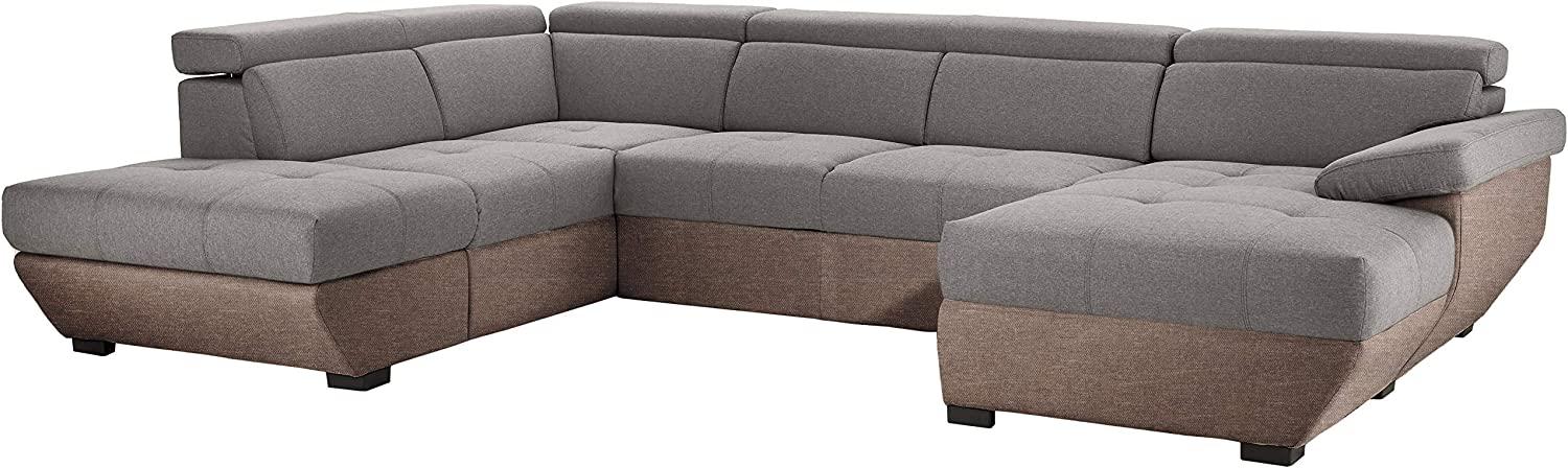 Mivano Wohnlandschaft Speedway, Modernes U-Form-Sofa mit verstellbaren Kopfstützen, 332 x 79 x 222, Zweifarbiger Bezug, Grau/Braun Bild 1