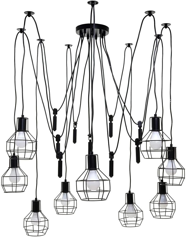 Pendelleuchte HWC-H85, Hängelampe Hängeleuchte, Industrial Metall höhenverstellbar schwarz ~ 9x Gitterlampenschirm Bild 1