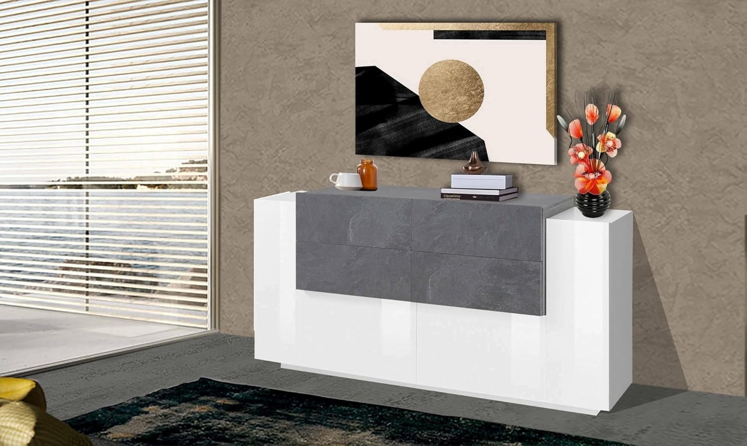 Dmora - Kommode Alberto, Küchen-Sideboard mit 2 Türen und 4 Schubladen, Wohnzimmer-Buffet, Küchen-Sideboard, 100 % Made in Italy, 160 x 45 x 86 cm, glänzendes Weiß und Schiefer Bild 1