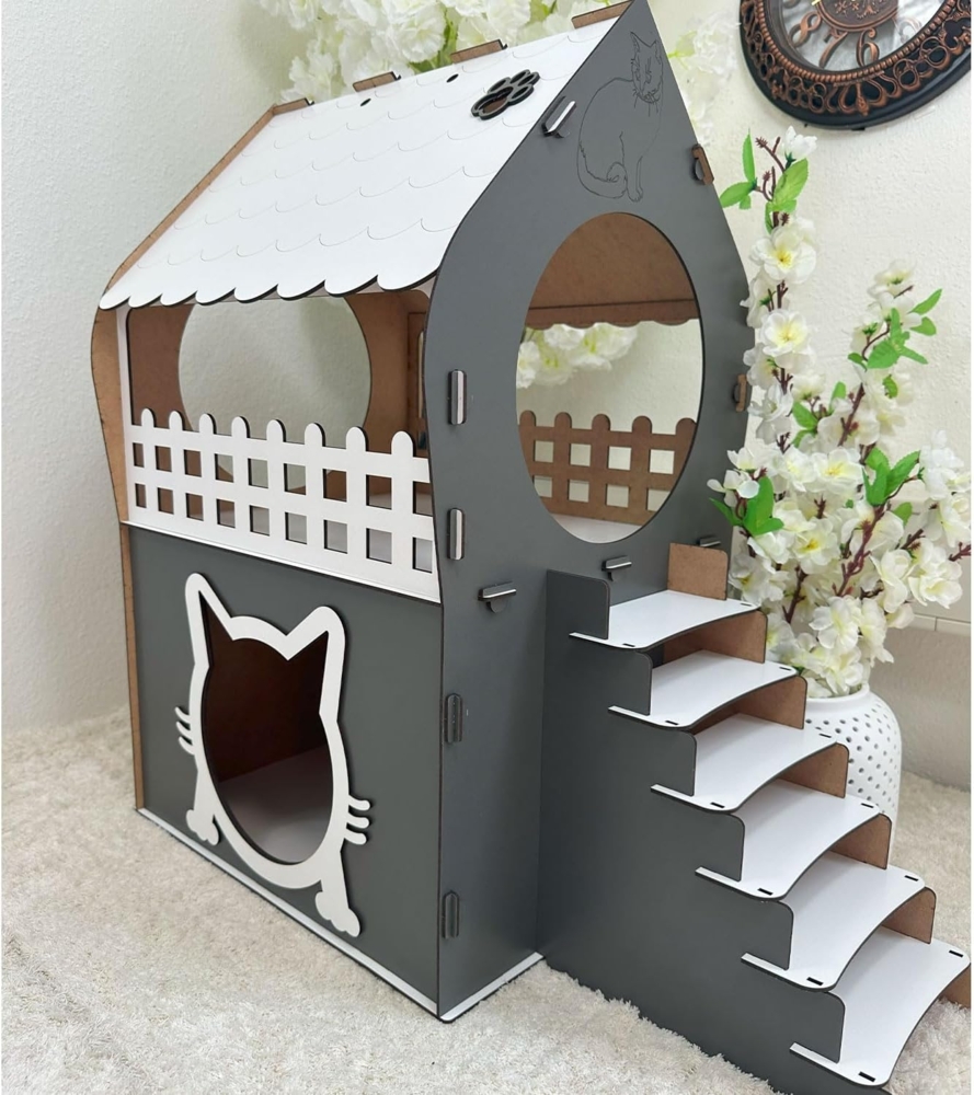 Jungengel Tierhaus Zweistöckiges Katzenhaus aus MDF – Anthrazit & Weiß – in XL, XXL, 3XL, Werkzeugloser Aufbau, Doppelgeschossig, Treppe, Balkon, Katzenöffnung Bild 1