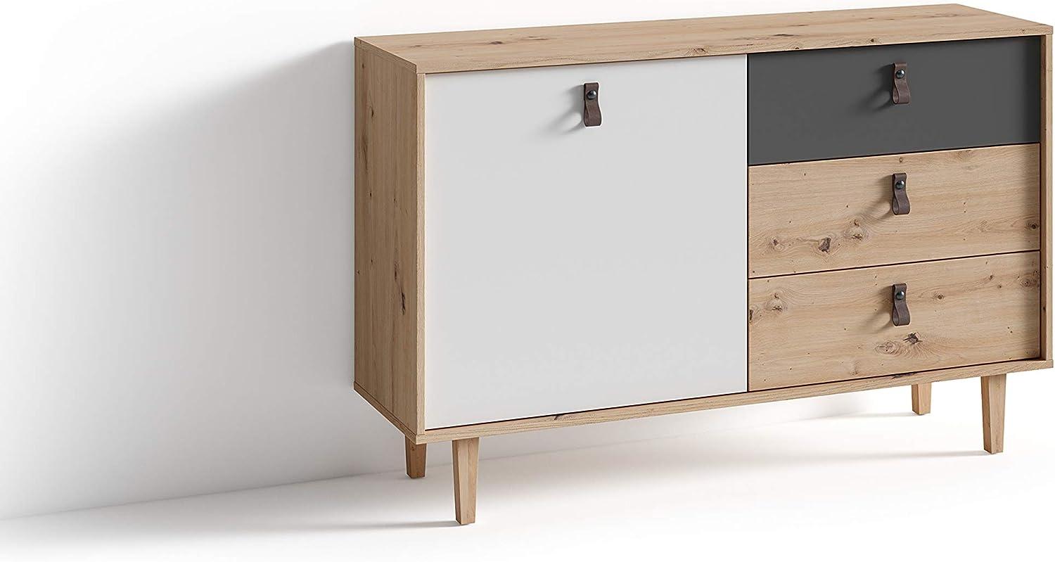 byLIVING Sideboard BILL / Kommode Artisan Eiche Optik hellbraun / Schrank mit 1 Tür und 3 Schubkästen / Fronten in weiß und grau / Schlaufen-Griffe / B 120, H 77, T 36,5 cm Bild 1