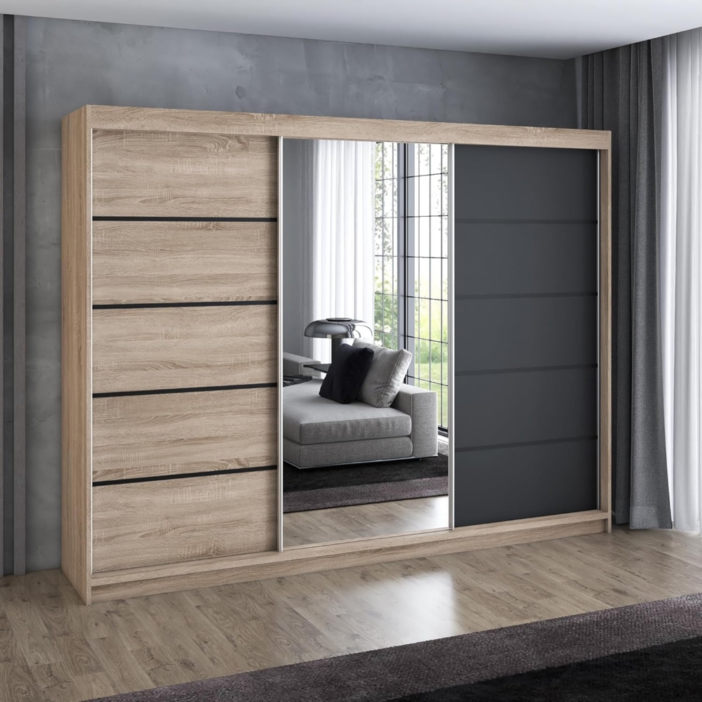 A&J MöbelLand GmbH Schwebetürenschrank VILANO mit 4 Schubladen und Spiegel (Kostenlose Lieferung – nur für kurze Zeit! TOP ANGEBOT! Geräumiger Schrank mit einer Breite von 200 cm und Spiegel, ideal zur Aufbewahrung von Kleidung und Accessoires. 4 Schub... Bild 1