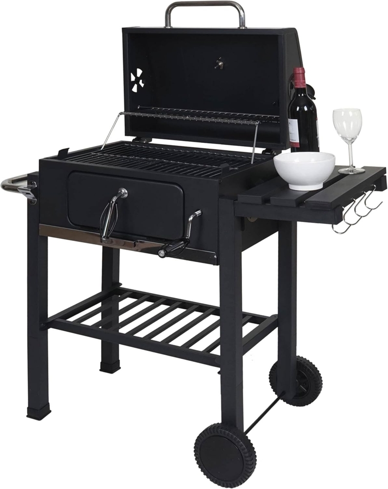 Grillwagen, Holzkohlegrill mit Deckel Ablagen, Stahl, Schwarz, 110 x 100 x 51 cm Bild 1