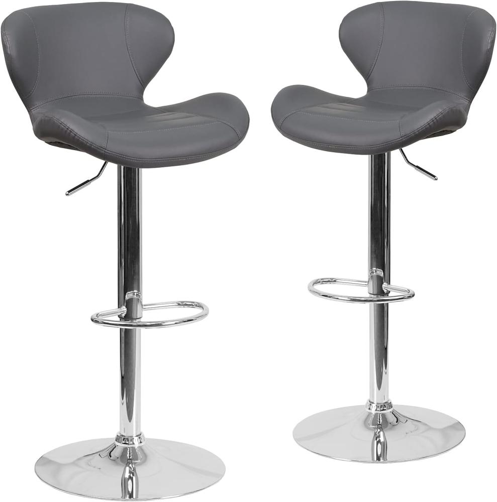 Flash Furniture Moderner Barhocker gebogener Rückenlehne und Chromfuß, höhenverstellbar, 2 Stück, Metall, Sperrholz, Chrom, Schaumstoff, Graues Vinyl, 2 Pack Bild 1