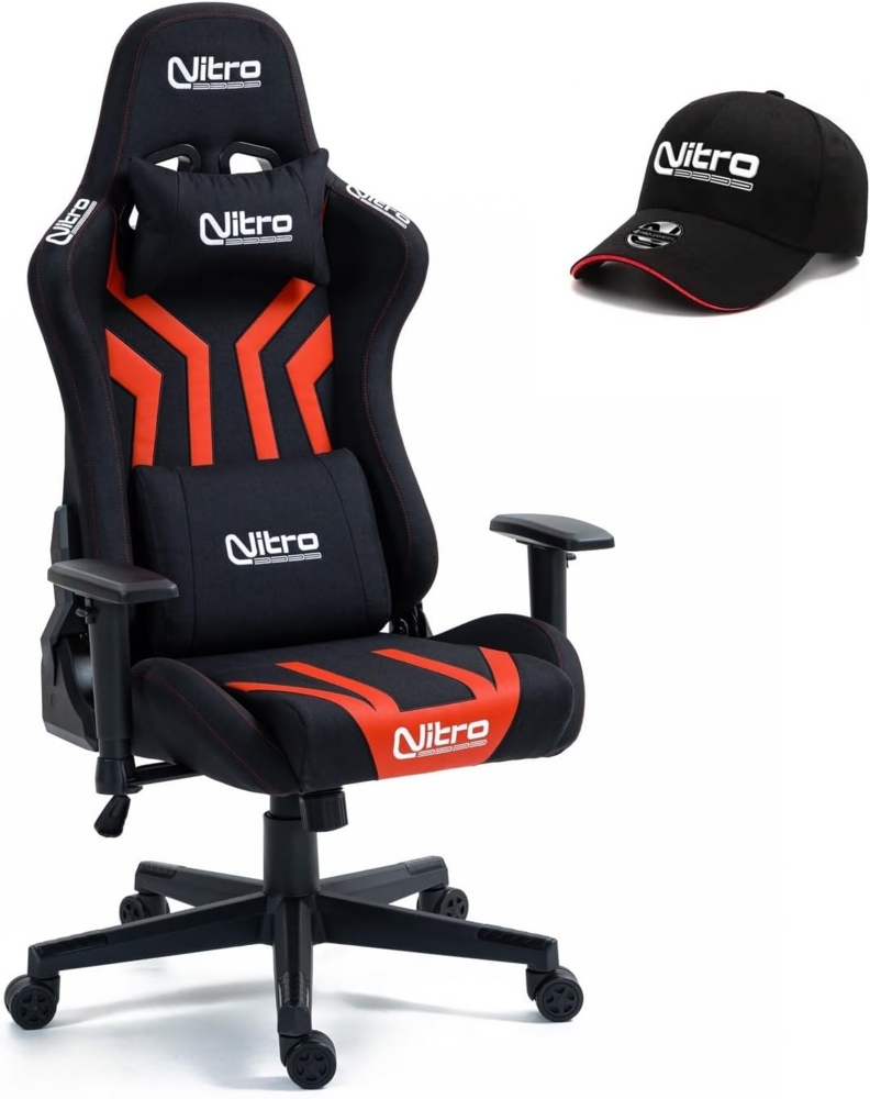 Nitro – Ergonomischer Gaming-Stuhl, Bürostuhl aus Stoff und Kunstleder, verstellbarer Gaming-Stuhl mit Lendenkissen, Kopfstütze, Armlehnen, Hut inklusive, Flyco Pro Schreibtischstuhl (rot/schwarz) Bild 1