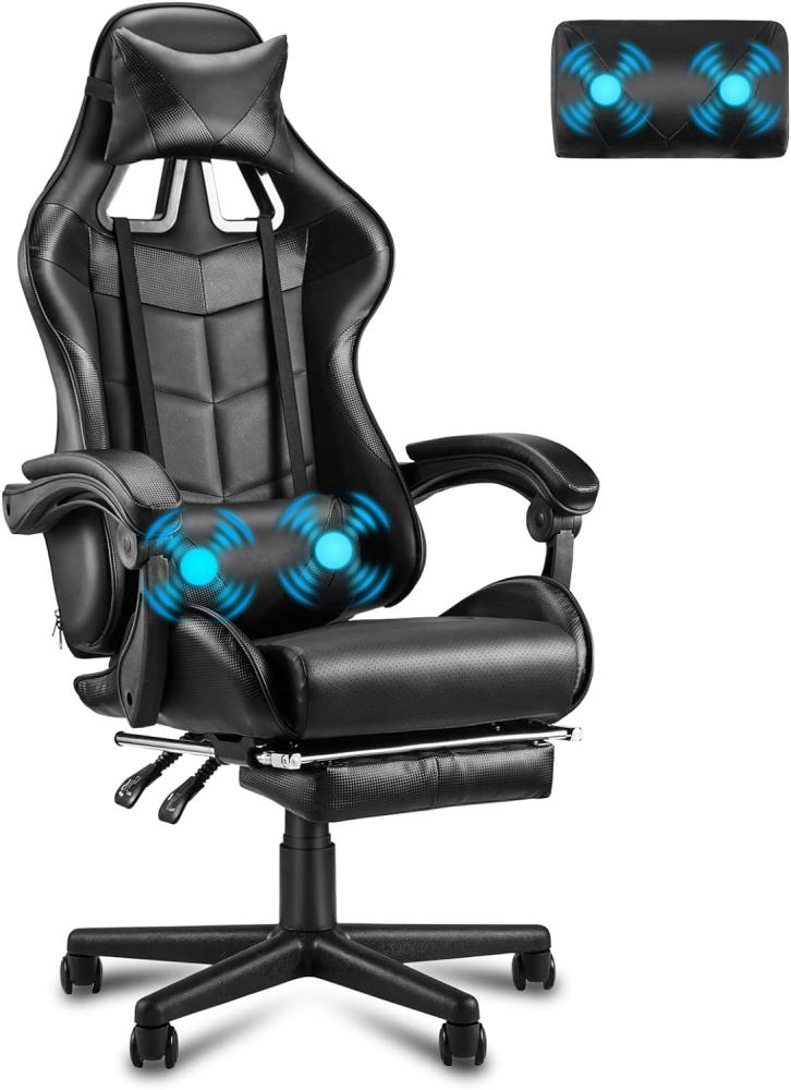 Soontrans Gaming Stuhl Massage, Gaming Sessel mit Fußstütze & Kopfstütze & Massage-Lendenkissen, Gepolsterte Armlehnen, Ergonomisch Gaming Stuhl für Gamer YouTube Livestreaming Xbox (Schwarz) Bild 1