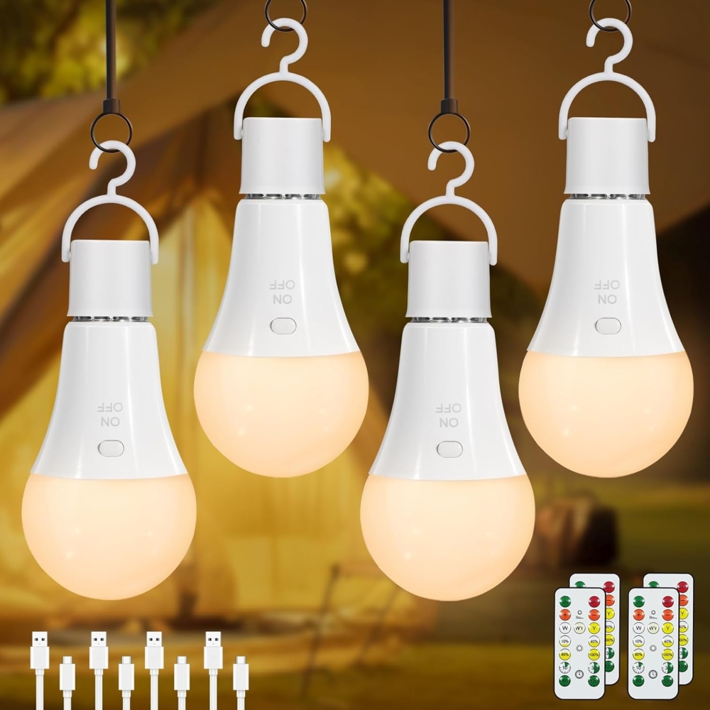 Dehobo Wiederaufladbare Glühbirne Mit Batterie - E27 Aufladbare Glühbirne Mit Fernbedienung - 7W Ladung Camping Lampe 3 Farben Dimmbare - Akku birne Mit Timing Funktion, Outdoor Lampe 4 Packs Bild 1