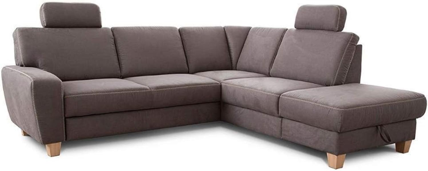 Cavadore Ecksofa Wisconsin mit Bettfunktion / Schlafsofa mit Federkern in Lederoptik / Inkl. 2 Kopfstützen + Stauraum / Landhausstil / Holzfüße in Buche / 248 x 88 x 215 cm / Grau Bild 1