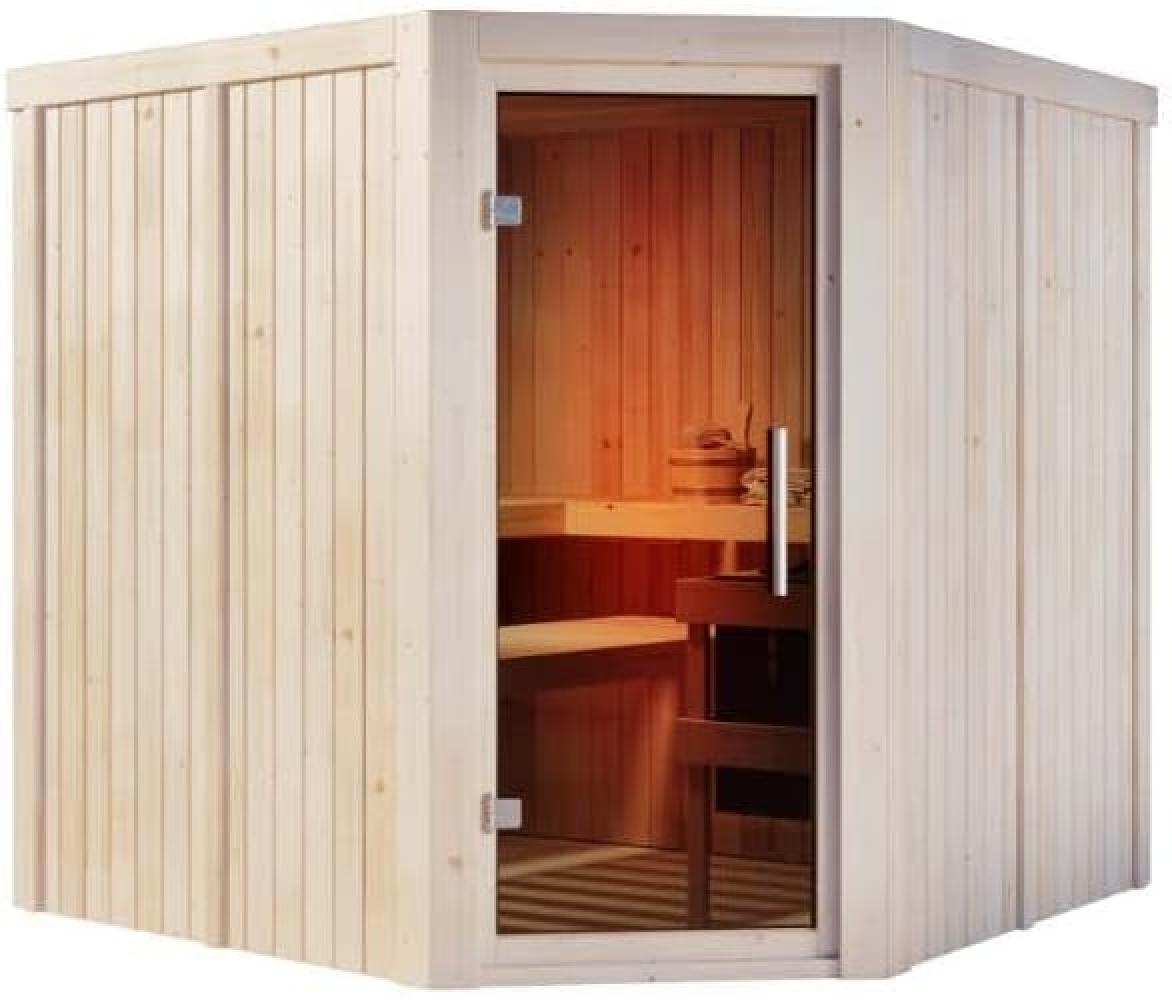 Karibu Sauna Jarin mit Eckeinstieg Innensauna 3 Sitzbänke aus Holz Saunakabine mit 68 mm Wandstärke Dampfsauna Bild 1