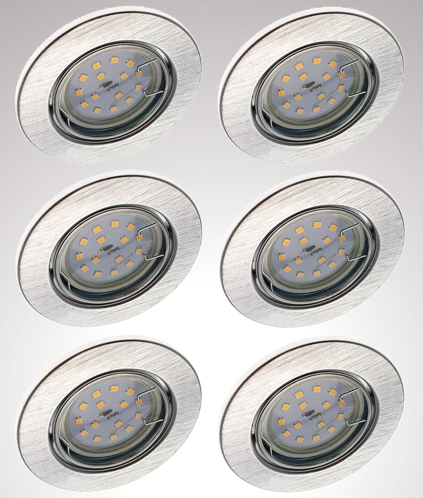 TRANGO LED Einbauleuchte, Dimmfunktion, 6er Set 6729-069MOSD LED Einbaustrahler in Aluminium gebürstet Rund incl. 6x 5 Watt 3 Stufen dimmbar Ultra Flach LED Modul 3000K warmweiß, Warmweiß, Deckenspot, Einbauspot, Deckenleuchte Bild 1
