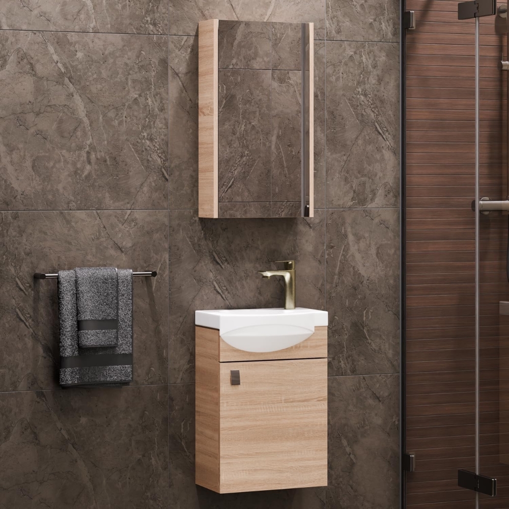 Planetmöbel Badmöbel Set Gäste WC Waschtischunterschrank Keramikwaschbecken Spiegelschrank Sonoma Eiche Bild 1