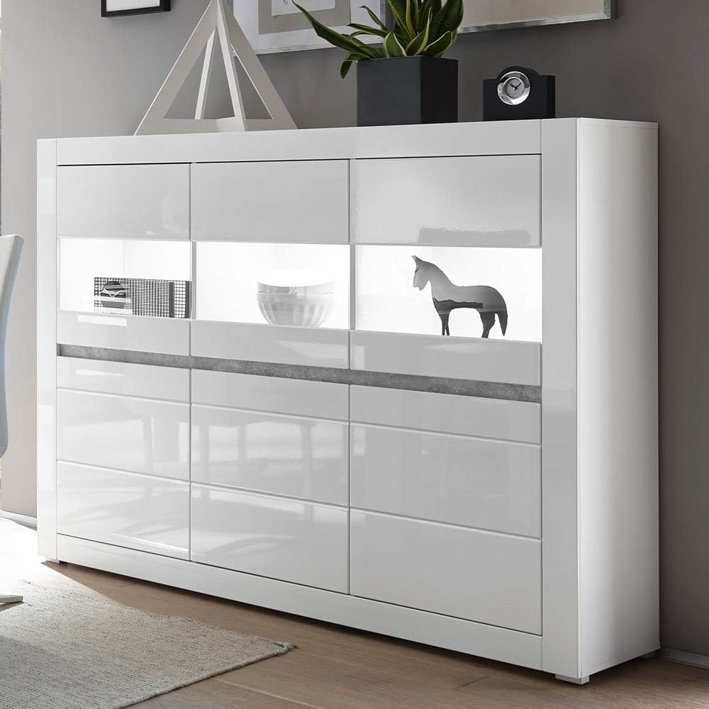 Vitrinen-Highboard in weiß Hochglanz inkl. LED und mit Griffmulden in Betonoptik COGO-61 BxHxT: 164 x 131 x 42 cm Bild 1