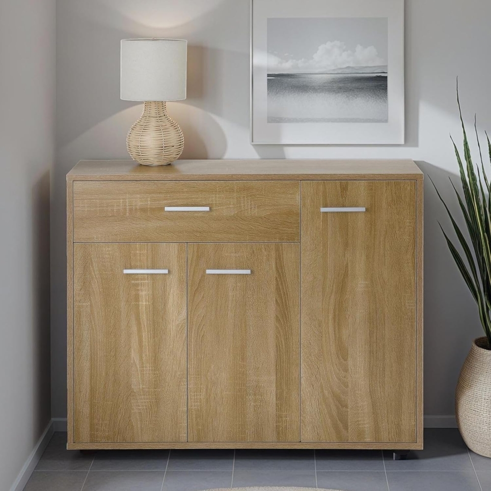 CARO-Möbel Kommode Estelle Sideboard Mehrzweckschrank, Sonoma Eiche mit 3 Türen und 1 Schublade, 88 cm breit Bild 1