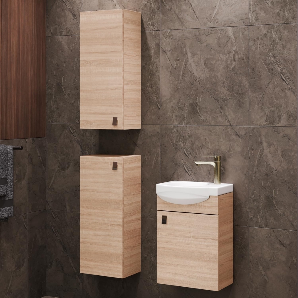 Planetmöbel Badset aus Unterschrank 40cm mit Waschbecken und 2X Midischrank in Sonoma Eiche, Set für Badezimmer 4-teilig Bild 1