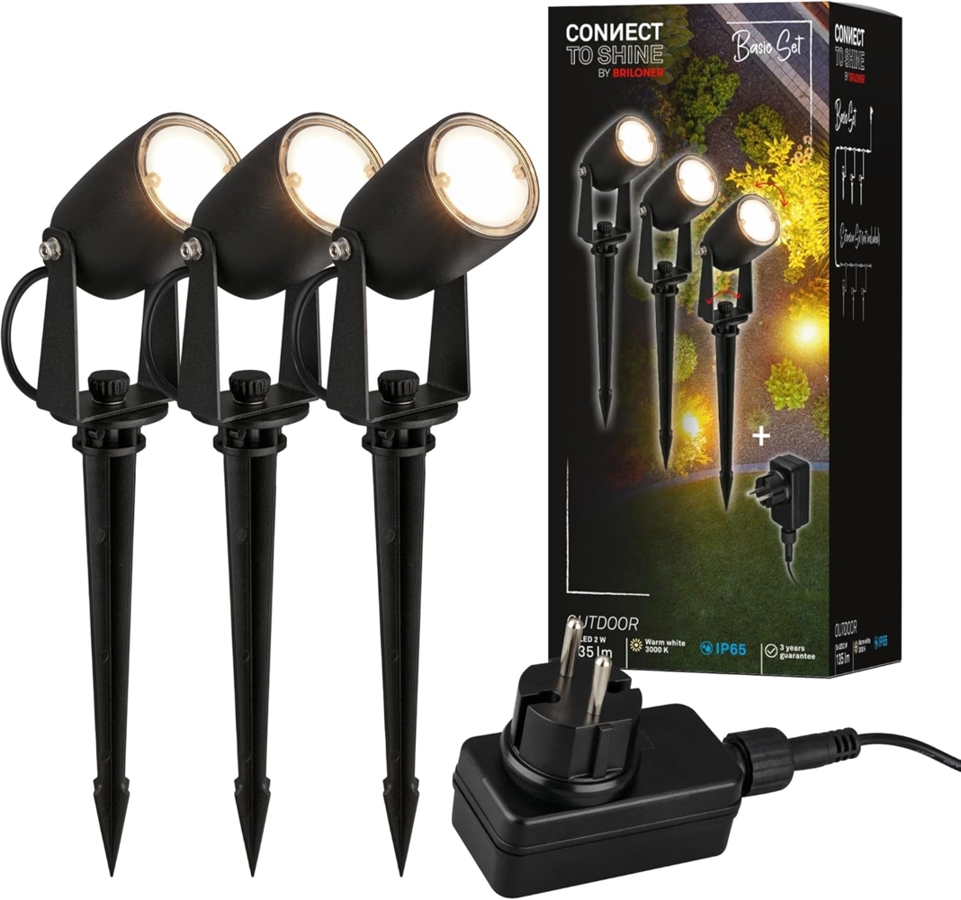 BRILONER - Connect to Shine 12V Gartensystem 3er Set LED Strahler mit Erdspieß, Basisset mit Trafo, IP65, warmweißes Licht, Gartenbeleuchtung, LED Gartenstrahler, 25,5x4 cm, Schwarz Bild 1