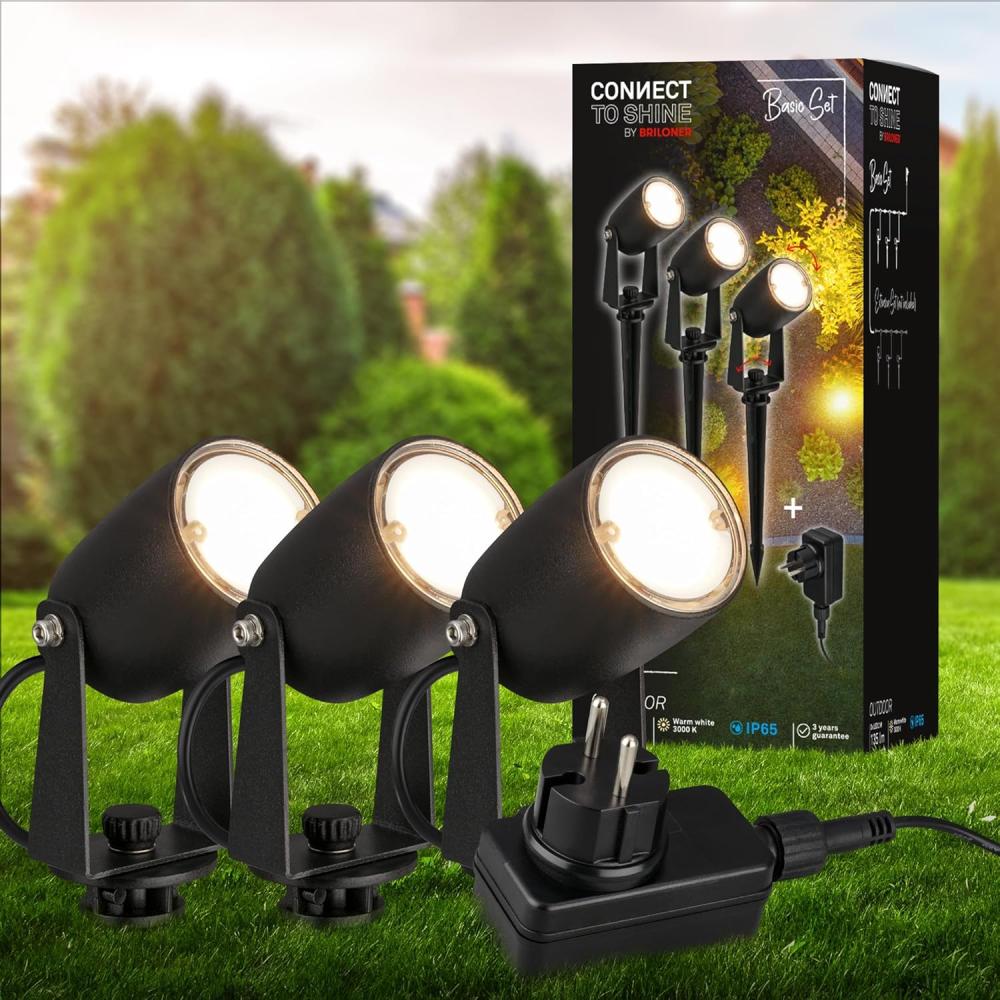 BRILONER - Connect to Shine 12V Gartensystem 3er Set LED Strahler mit Erdspieß, Basisset mit Trafo, IP65, warmweißes Licht, Gartenbeleuchtung, LED Gartenstrahler, 25,5x4 cm, Schwarz Bild 1