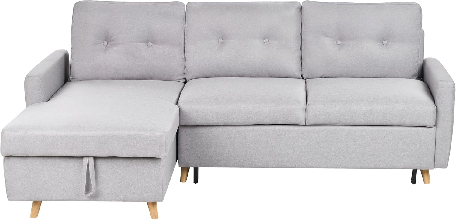 Ecksofa mit Schlaffunktion Polsterbezug hellgrau rechtsseitig FLAKK Bild 1