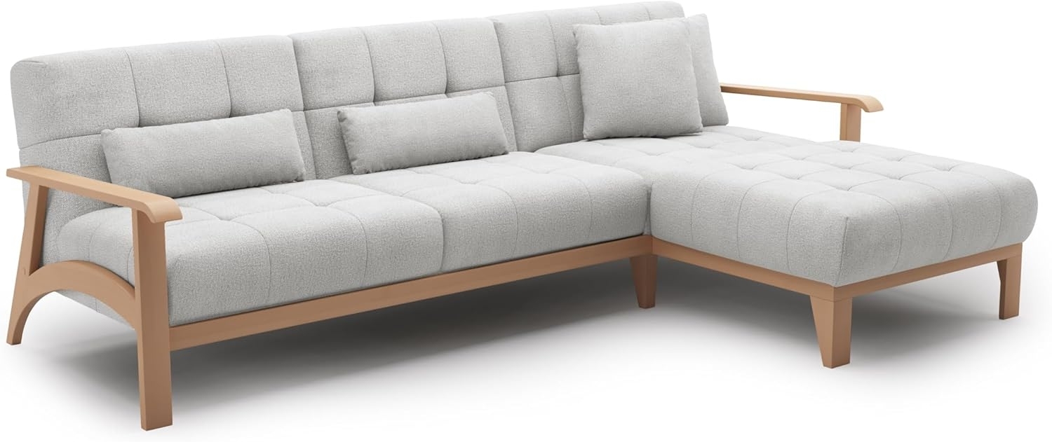 Cavadore Ecksofa Billan / Eckcouch im skandinavischen Design mit Longchair und massivem Holzgestell in Buche / 264 x 88 x 183 / Mehrfarbiger Strukturstoff, Hellgrau Bild 1