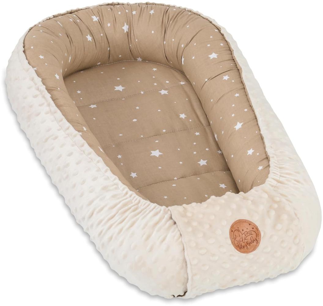 Warmes Nestchen Baby 90x50 cm - Kuschelnest Neugeborene Nestchen Winter/Herbst Kokon Babynest Sonne Beige mit Weiß Sternen Bild 1