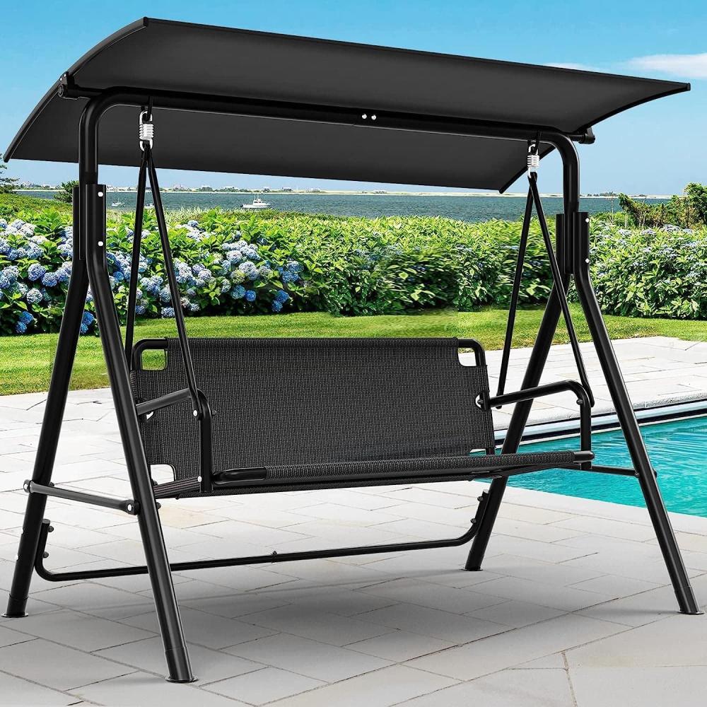 YITAHOME 3 Sitzer Hollywoodschaukel, Metall Outdoor Hollywoodschaukeln mit Liegefunktion, Gartenschaukel mit Verstellbarem Sonnendach für Erwachsene, 270KG Belastbar, 170 x 110 x 153 cm, Schwarz Bild 1