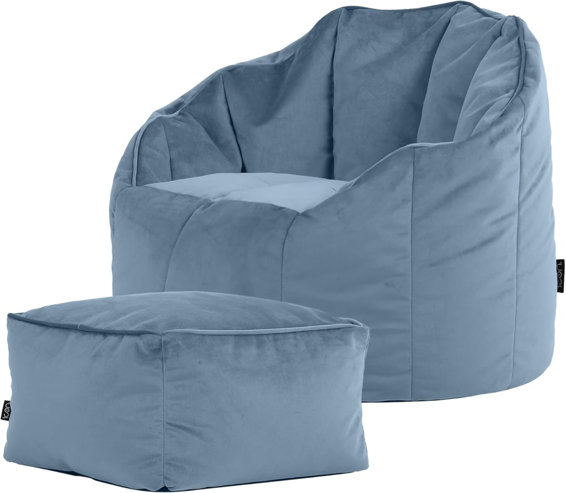 Icon Sirena Sitzsack Sessel mit Hocker für Erwachsene, Hellblau, Flauschiger Samtstoff, Riesen Sitzsack Samt mit Füllung, Bean Bag Chair, Bequemer Sessel Wohnzimmer, Lounge, Schlafzimmer, Büro Bild 1