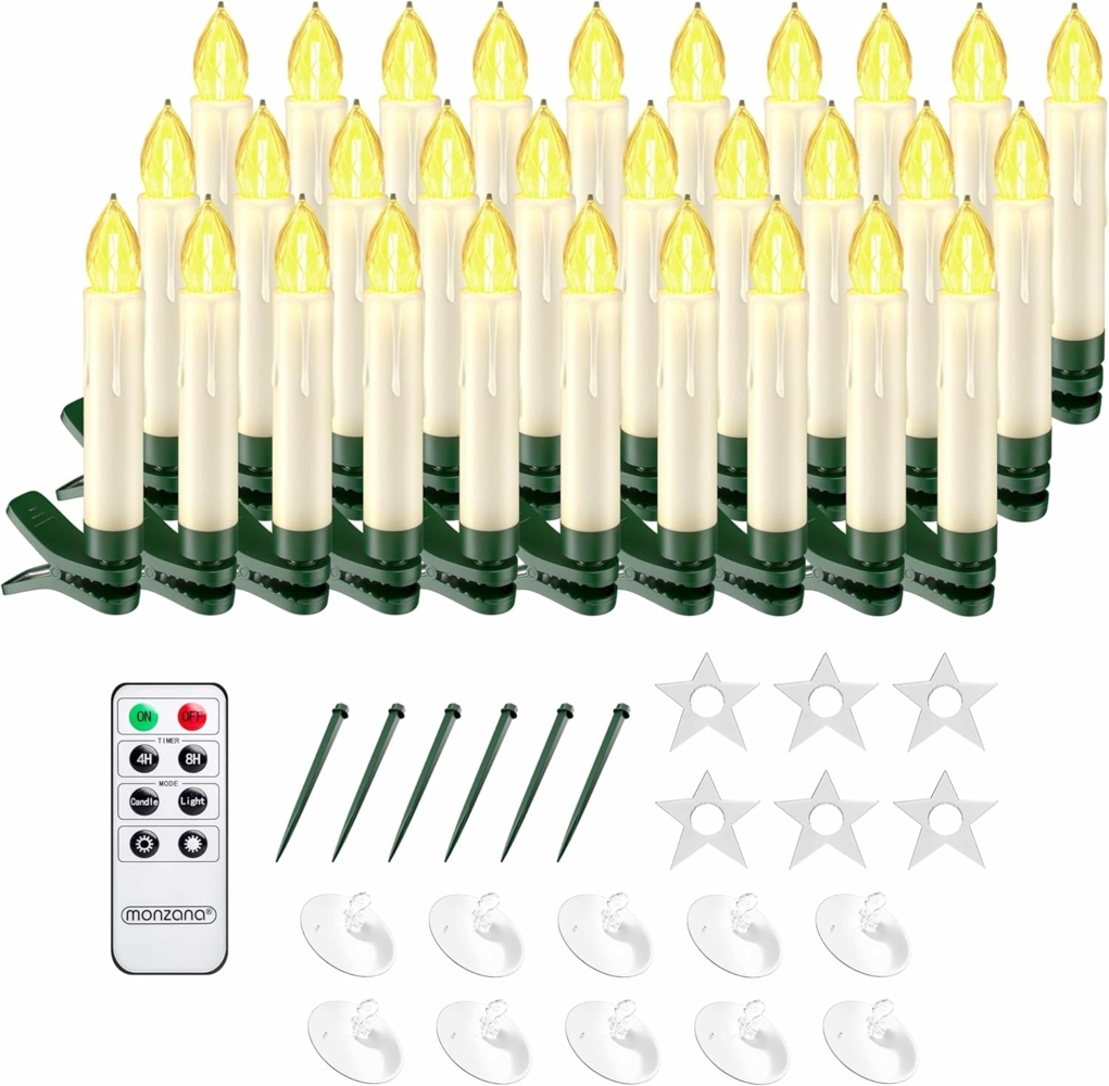Monzana 30x LED Weihnachtskerzen Kabellos Flackern Dimmbar Timer Fernbedienung Batterie Weihnachtsbaum Lichterkette Weiß Bunt Bild 1
