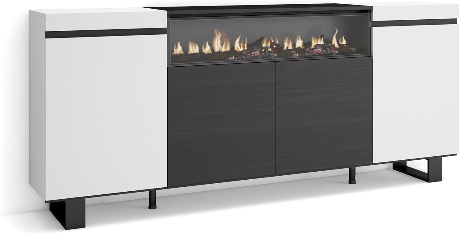 Skraut Home | Sideboard, Highboard | Kommode, Komodenschrank | 200 x 87 x 35 cm | 4 Türen | Elektrokamin. Maße | Industriedesign | Moderner Stil | Weiß und Schwarz Bild 1