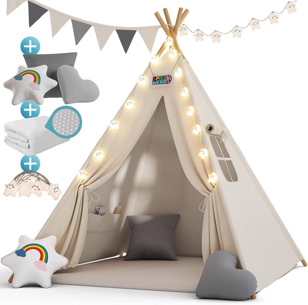 Spielwerk Kindertipi mit Lichterkette, Bodenmatte und Kissen, weiß, 120 x 120 x 160 cm Bild 1