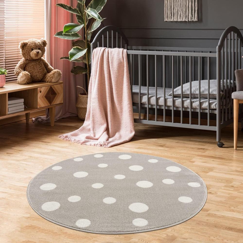 Jimri Kinderteppich DOTS l Pünktchen Gepunktet l Öko-Tex Siegel | Farbe: Beige Blau Rosa | Kinderzimmer/Jugendzimmer (Beige, Ø 150 cm Rund) Bild 1