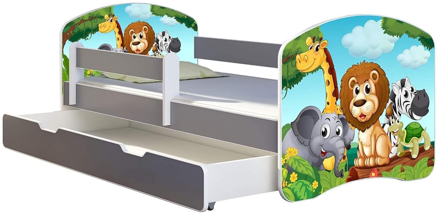 ACMA Kinderbett Jugendbett mit Einer Schublade und Matratze Grau mit Rausfallschutz Lattenrost II (02 Animals, 160x80 + Bettkasten) Bild 1