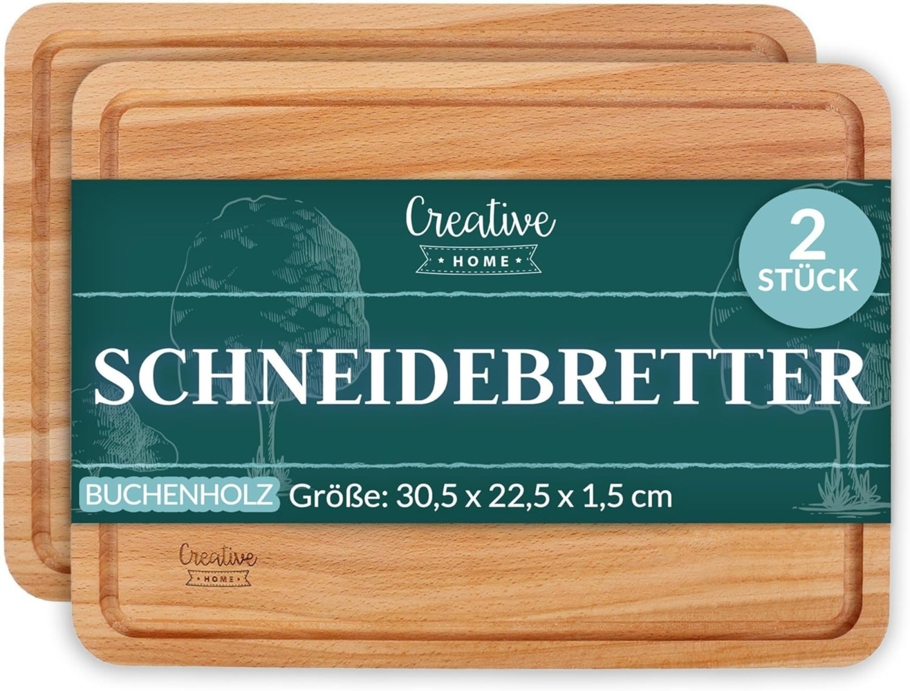 Creative Home Schneidebrett mit Saftrille 30,5 x 22,5 x 1,5 cm Holzschneidebrett Holzbrett Küche, (2-St), mit tiefer Saftrille Bild 1