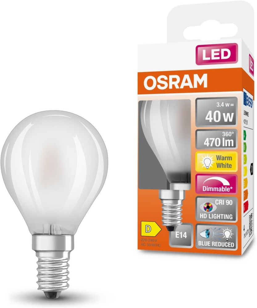 Osram Superstar dimmbare LED-Lampe mit besonders hoher Farbwiedergabe (CRI90) für E14-Sockel, mattes Glas,Warmweiß (2700K), 470 Lumen, Ersatz für herkömmliche 40W-Leuchtmittel, dimmbar, 1-er Pack Bild 1