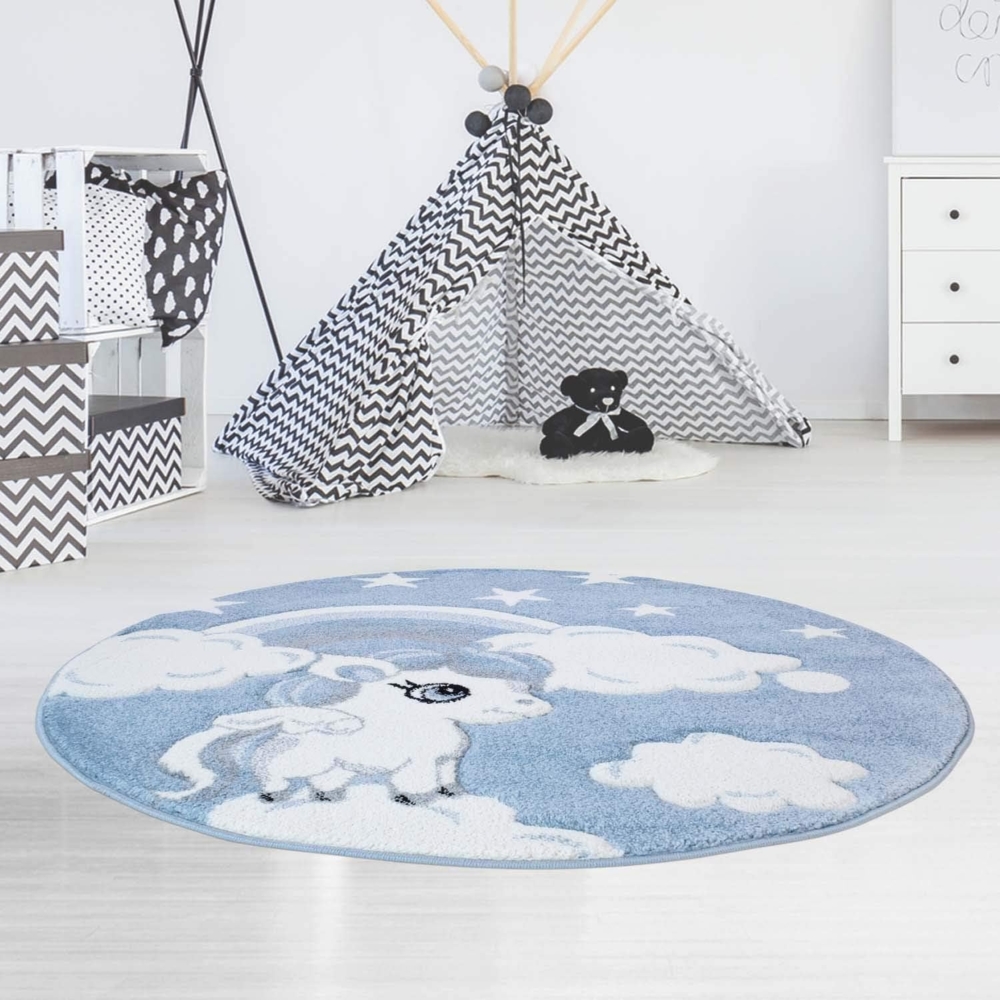 carpet city Kinderteppich Flachflor Bueno Konturenschnitt mit Einhorn Sterne Regenbogen in Blau für Kinderzimmer, Größe: 160 cm rund, bueno-1450-blue-160x160rund Bild 1