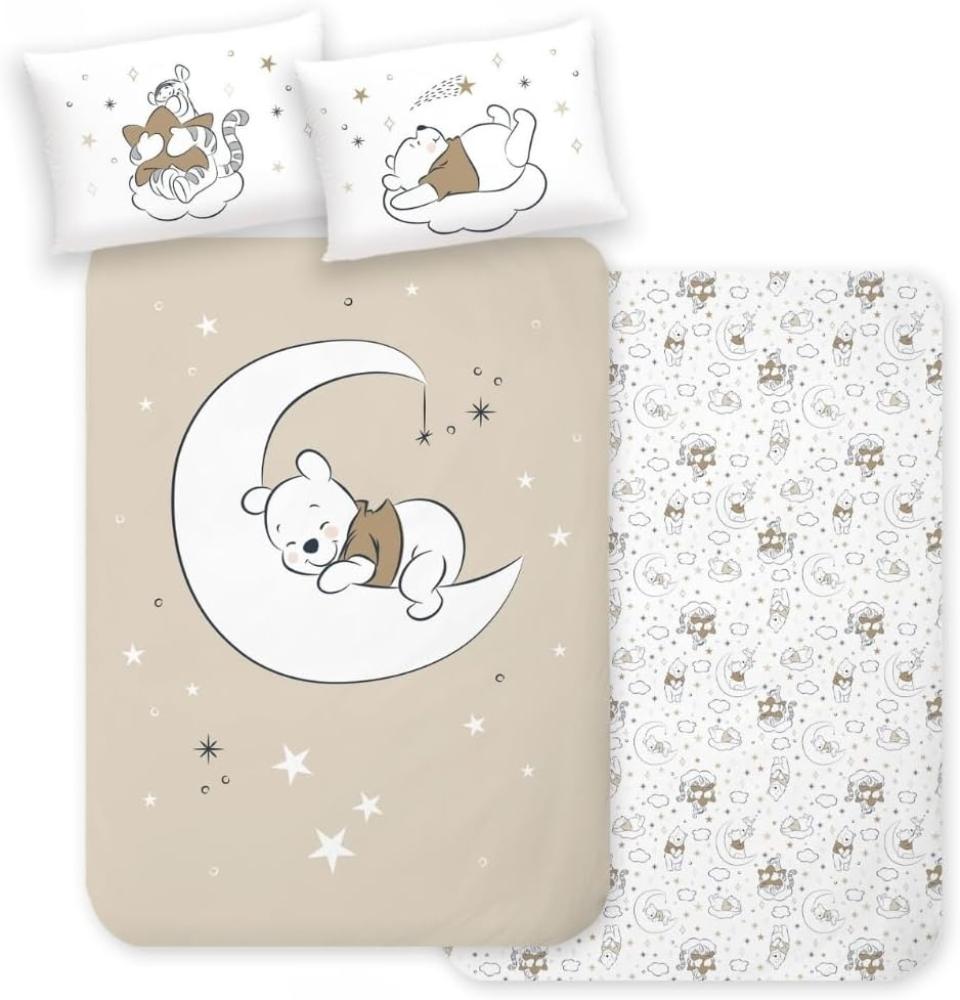 MTOnlinehandel Bettwäsche Winnie the Pooh 100x135 + 40x60 cm, 100% Baumwolle, Renforcé, 2 teilig, Bettwäsche-Set, Disney, Pooh, Tigger, Mond, Wolke, Sterne, Wendemotiv Bild 1