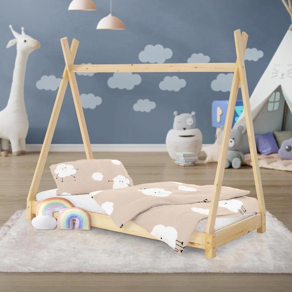 ML-DESIGN Kinderbett Hausbett Tipi Zeltbett inkl. Lattenrost Bodenbett Kinder Himmelbett, Abenteuerbett zum Spielen Zelt Spielbett Kiefer Bettenhaus Bett Natur Bild 1