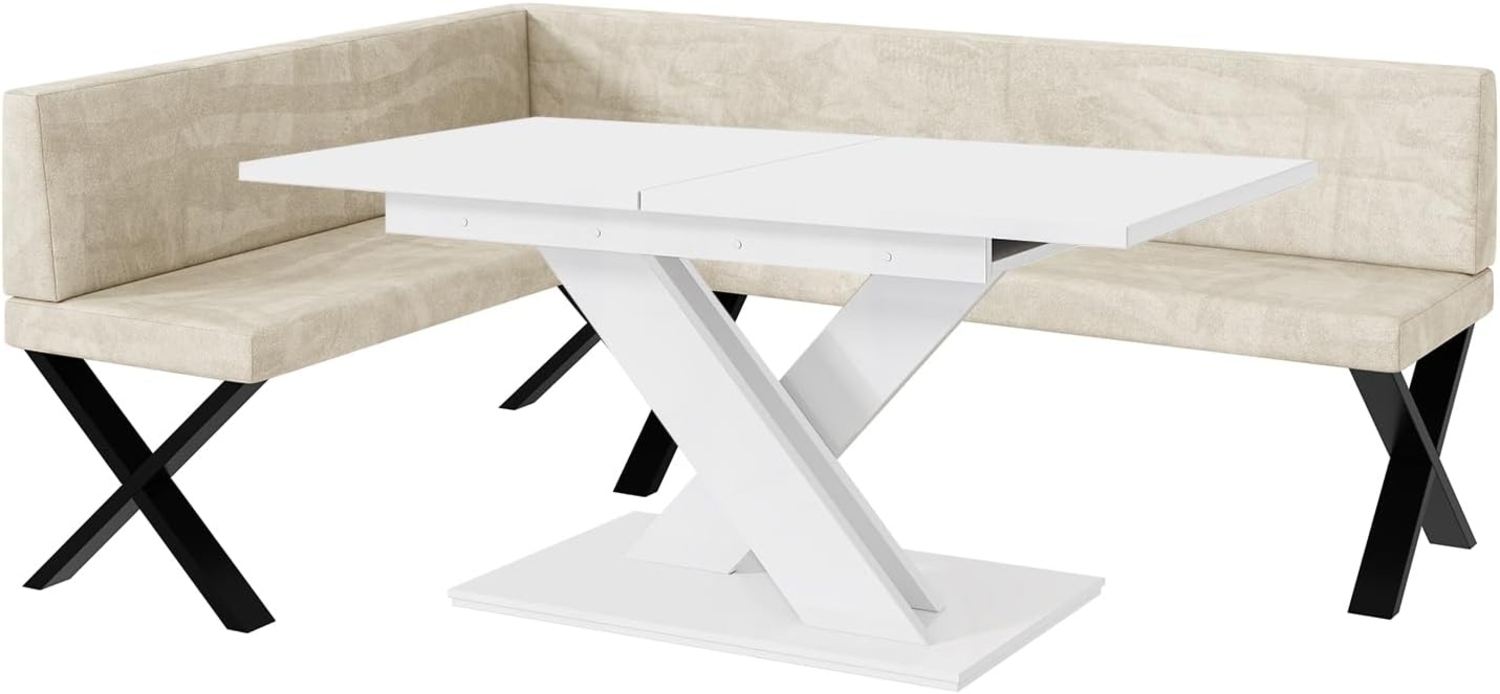 MEBLINI Eckbank für Esszimmer mit ausziehbarem Tisch - Küchenbank - Essecke - Sitzecke Küche - TONI - X-Beine 142x196x87cm Links - Creme Samt/B Weiß Matt Bild 1