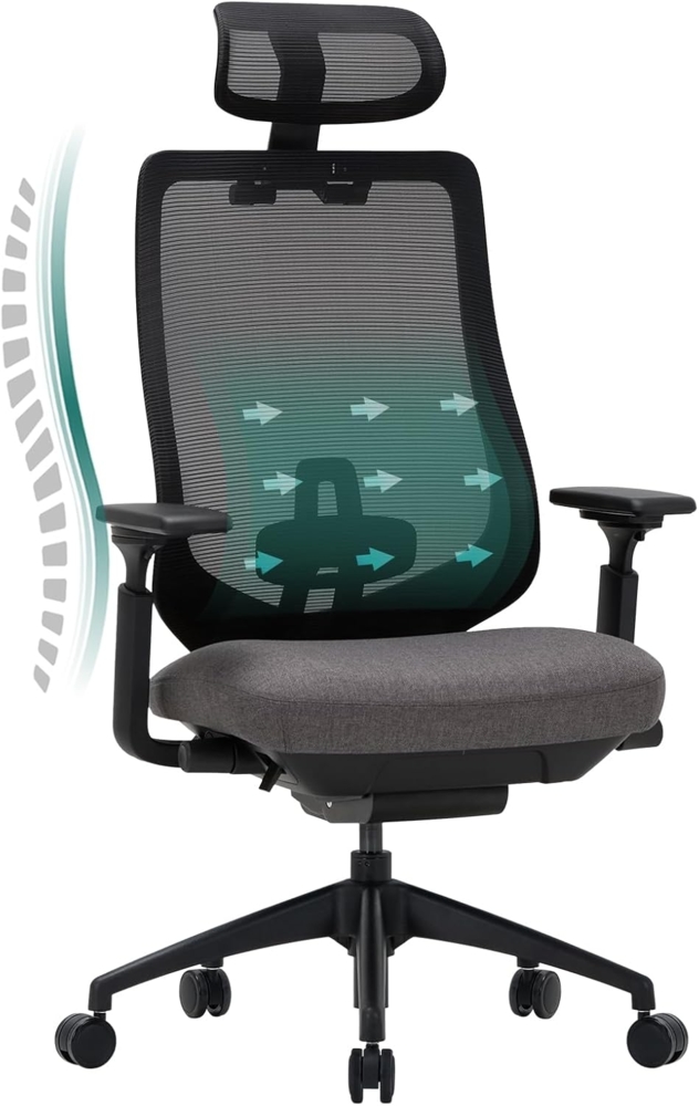 COLAMY Ergonomischer Mesh-Bürostuhl, Chefsessel mit hoher Rückenlehne, Verstellbarer Kopfstütze und 4D-Armlehnen, Schiebesitz, Kippsperre, Dunkelgrau Bild 1