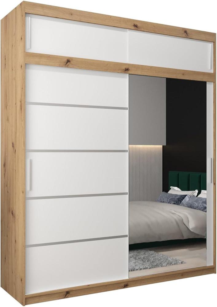 Kryspol Schwebetürenschrank Verona 2-200 cm mit Spiegel Kleiderschrank mit Kleiderstange & Einlegeboden Schlafzimmer-Wohnzimmerschrank Schiebetüren Modern Design (Artisan Eiche + Weiß mit Erweiterung) Bild 1