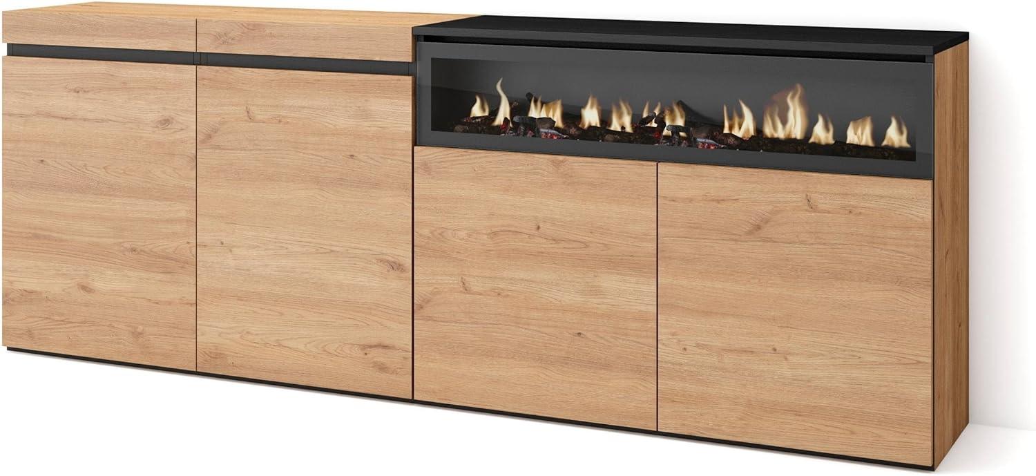 Skraut Home | Sideboard, Highboard | Kommode, Komodenschrank | 200x75x35cm | 4 Türen | Elektrokamin. Maße | Moderner Stil | Eiche Schwarz Bild 1