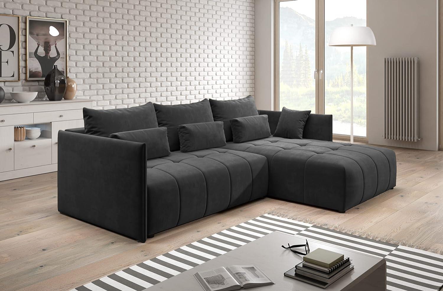 Furnix Ecksofa Yalta mit Schlaffunktion und Bettkasten - Couch L-Form Sofa mit Kissen - Stellfüße in Chromoptik - B245 x H83 x T182 cm, Liegefläche: 147 x 232 cm - MH95 (Dunkelgrau) Bild 1