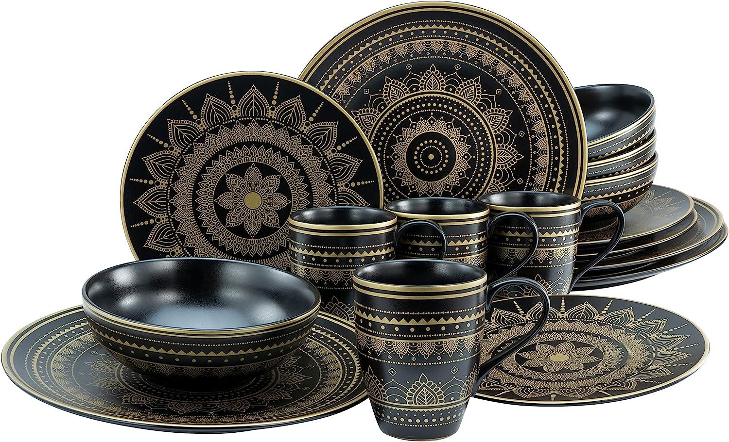 CreaTable 23586 Kombiservice Mandala für 4 Personen, Steinzeug, schwarz/gold (1 Set, 16-teilig) Bild 1