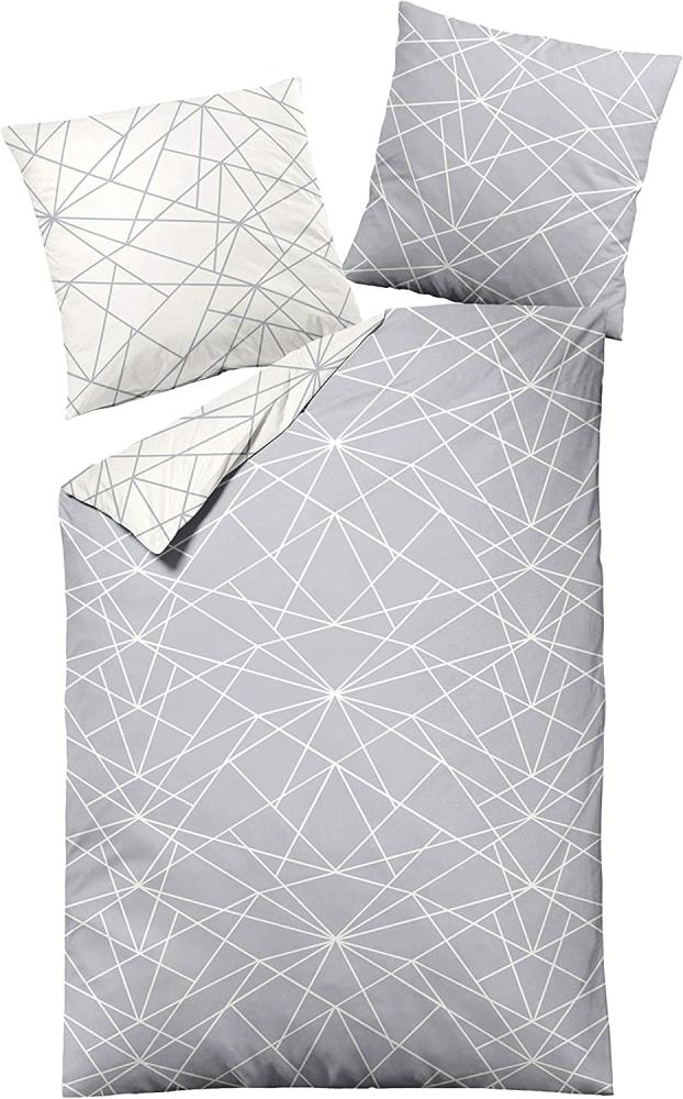 Dormisette Biber Bettwäsche 4tlg grau Silber 65101-08 | Bettwäsche-Set aus 100% Baumwolle | 4 teilige 2X Wende-Bettwäsche 135x200 cm & 2X Kissen 80x80 cm | Geometrisches Muster Bild 1