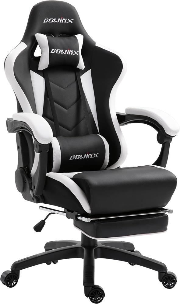 Dowinx Gaming Stuhl Ergonomischer Gamer Stuhl mit Massage Lendenwirbelstütze, PC Bürostuhl Rückenlehne Verstellbarer Drehsessel mit Fußstütze (Schwarz&Weiß Bild 1