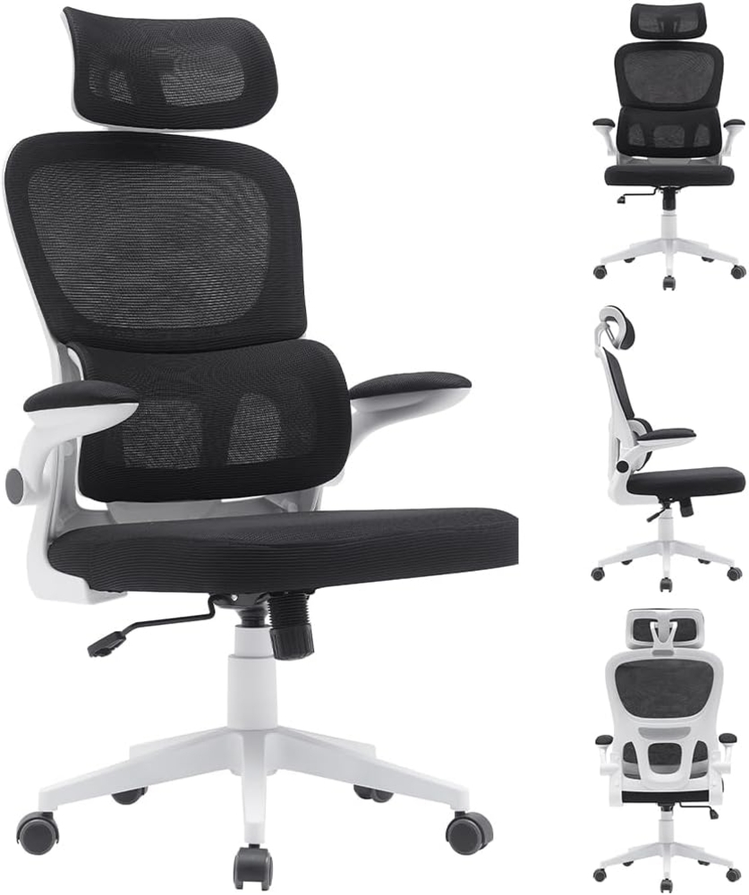 BAKAJI Bürostuhl aus ergonomischem Stoff mit Rückenlehne, Lendenwirbelstütze und Kopfstütze, drehbarer Schreibtischstuhl, höhenverstellbar, atmungsaktiver Schweißschutzbezug (schwarz) Bild 1